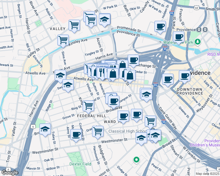 map of restaurants, bars, coffee shops, grocery stores, and more near 11 Africa Street in Providence