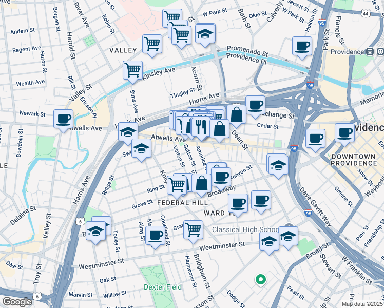 map of restaurants, bars, coffee shops, grocery stores, and more near 74 Sutton Street in Providence