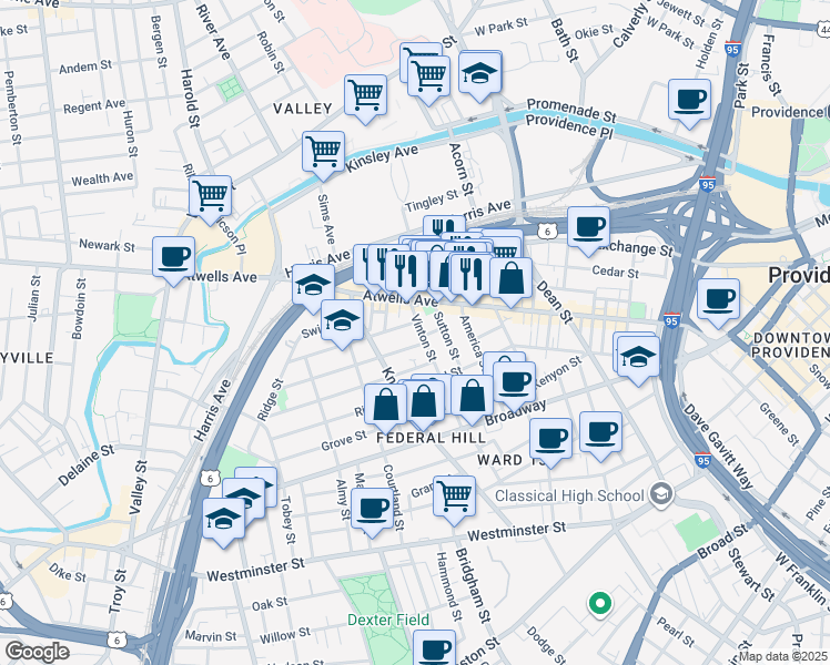 map of restaurants, bars, coffee shops, grocery stores, and more near 33 Vinton Street in Providence
