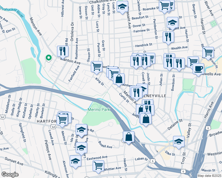 map of restaurants, bars, coffee shops, grocery stores, and more near 9 King Street in Providence
