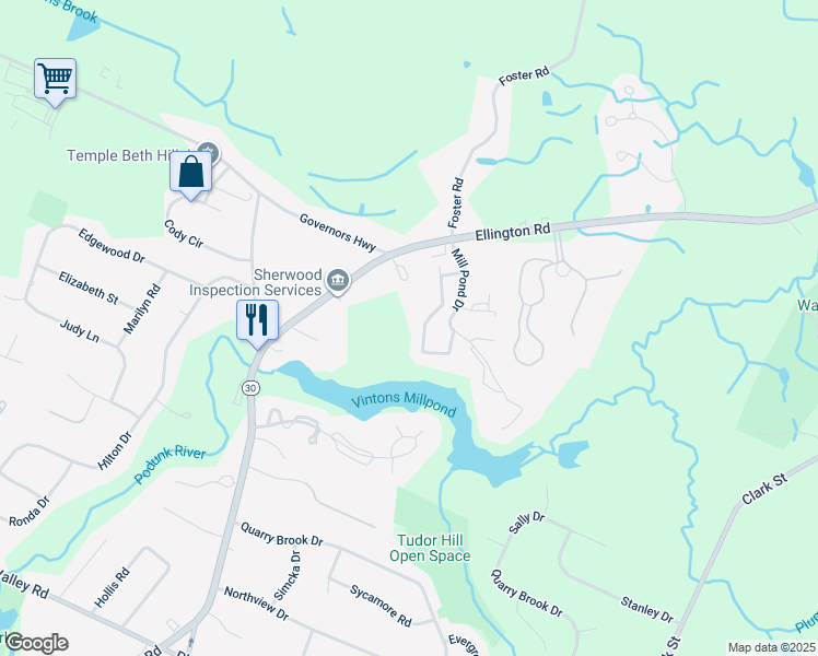 map of restaurants, bars, coffee shops, grocery stores, and more near 1905 Mill Pond Drive in South Windsor