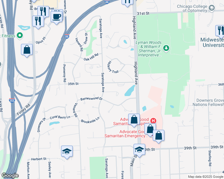 map of restaurants, bars, coffee shops, grocery stores, and more near 1132 Barberry Court in Downers Grove