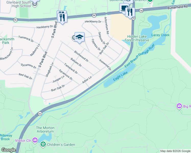 map of restaurants, bars, coffee shops, grocery stores, and more near 22W307 Arbor Lane in Westmont