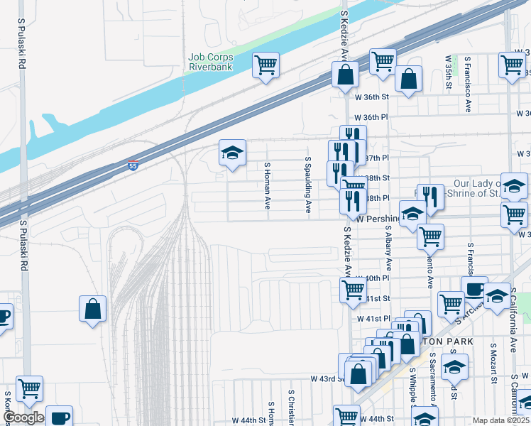 map of restaurants, bars, coffee shops, grocery stores, and more near 3400 West Pershing Road in Chicago