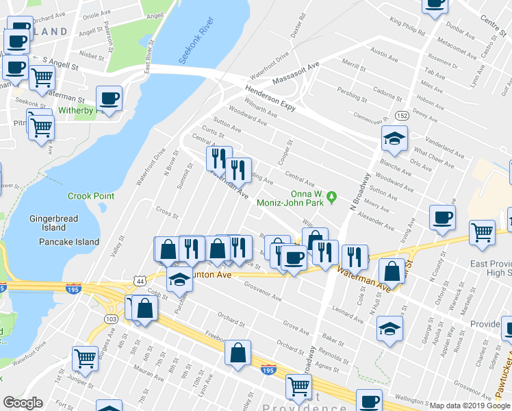 map of restaurants, bars, coffee shops, grocery stores, and more near 161 Waterman Avenue in East Providence