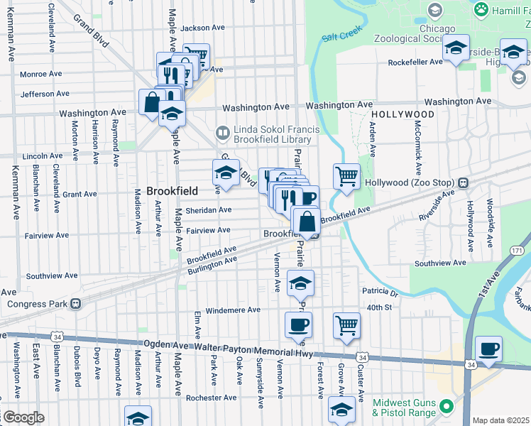map of restaurants, bars, coffee shops, grocery stores, and more near 3723 Sunnyside Avenue in Brookfield