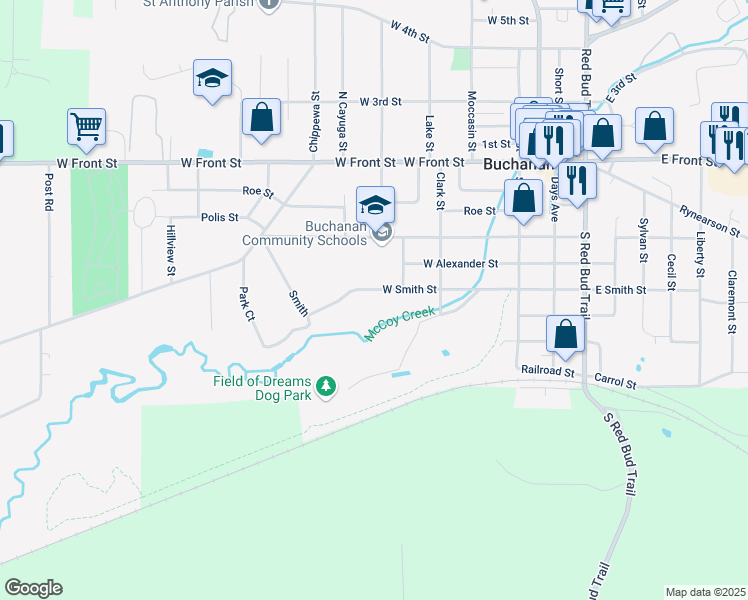 map of restaurants, bars, coffee shops, grocery stores, and more near 409 W Smith St in Buchanan