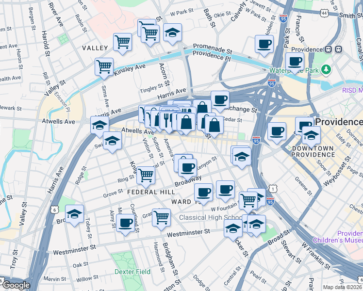 map of restaurants, bars, coffee shops, grocery stores, and more near 11 Africa Street in Providence