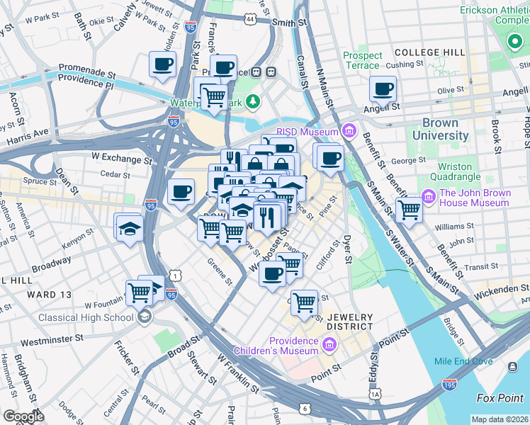 map of restaurants, bars, coffee shops, grocery stores, and more near 126 Union Street in Providence