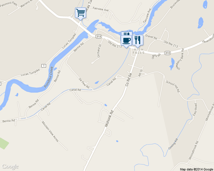 map of restaurants, bars, coffee shops, grocery stores, and more near 49 Canal Road in High Falls