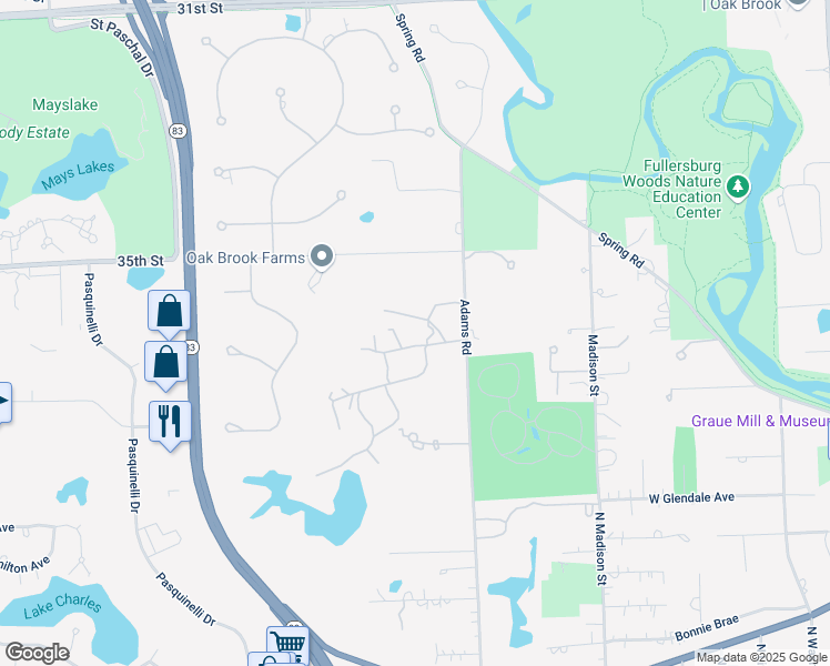 map of restaurants, bars, coffee shops, grocery stores, and more near 30 Breakenridge Farm in Oak Brook