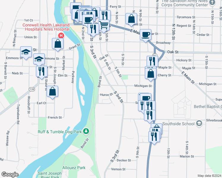map of restaurants, bars, coffee shops, grocery stores, and more near 510 South 3rd Street in Niles
