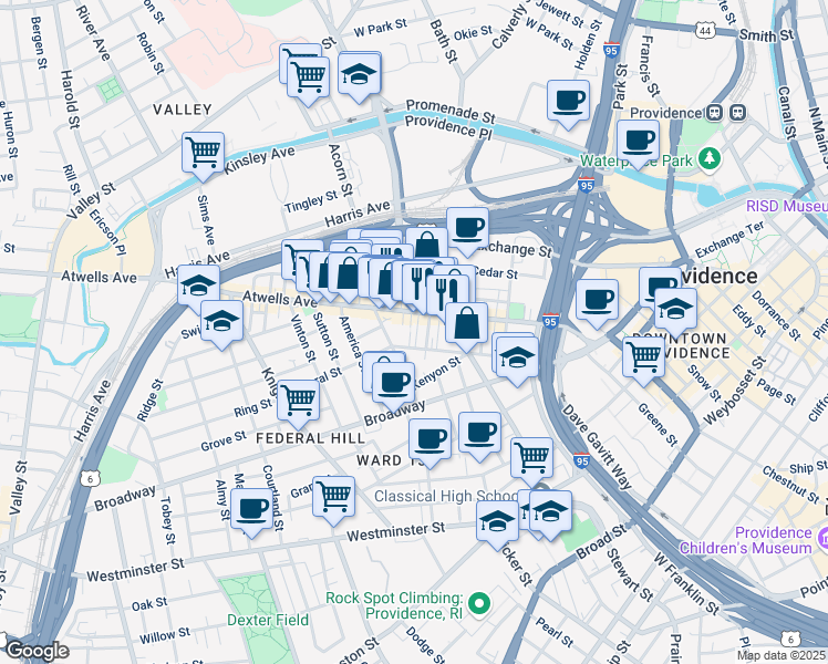 map of restaurants, bars, coffee shops, grocery stores, and more near 17 Messenger Street in Providence
