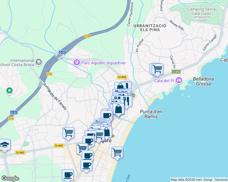 map of restaurants, bars, coffee shops, grocery stores, and more near 11 Carrer Eduard Toldrà in Castell-Platja d'Aro
