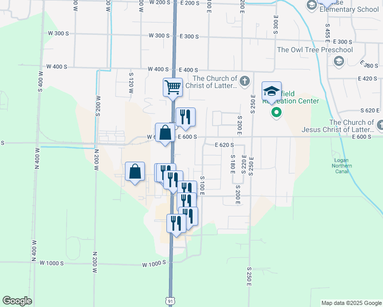 map of restaurants, bars, coffee shops, grocery stores, and more near 655 South 85 East in Smithfield