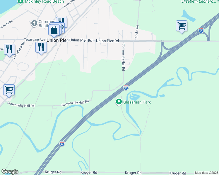 map of restaurants, bars, coffee shops, grocery stores, and more near 9585 Community Hall Road in Union Pier
