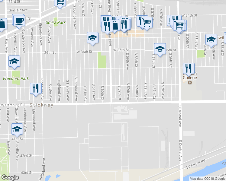 map of restaurants, bars, coffee shops, grocery stores, and more near 3813 South Austin Boulevard in Cicero