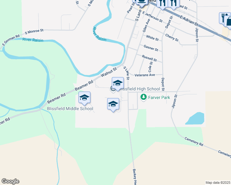 map of restaurants, bars, coffee shops, grocery stores, and more near 630 South Lane Street in Blissfield