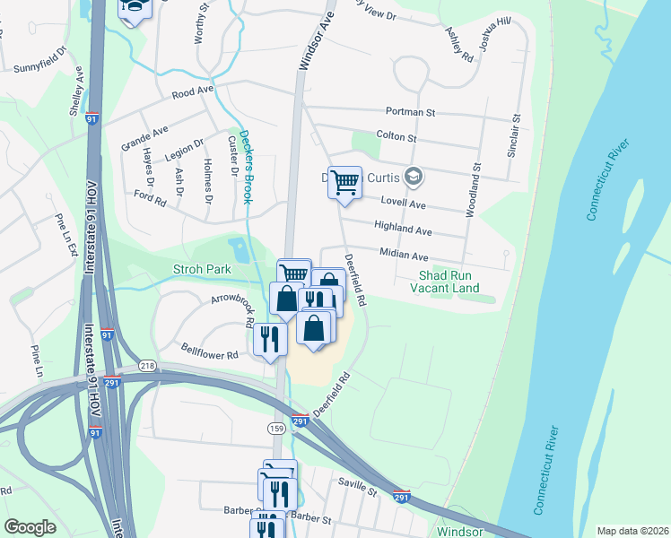 map of restaurants, bars, coffee shops, grocery stores, and more near 8 Amaryllis Drive in Windsor