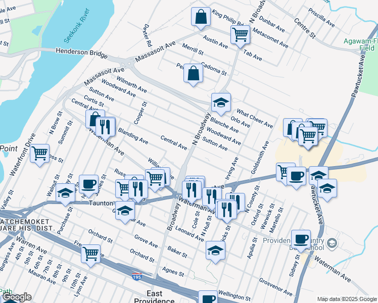 map of restaurants, bars, coffee shops, grocery stores, and more near 703 North Broadway in East Providence