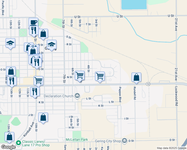 map of restaurants, bars, coffee shops, grocery stores, and more near 320 N Street in Gering