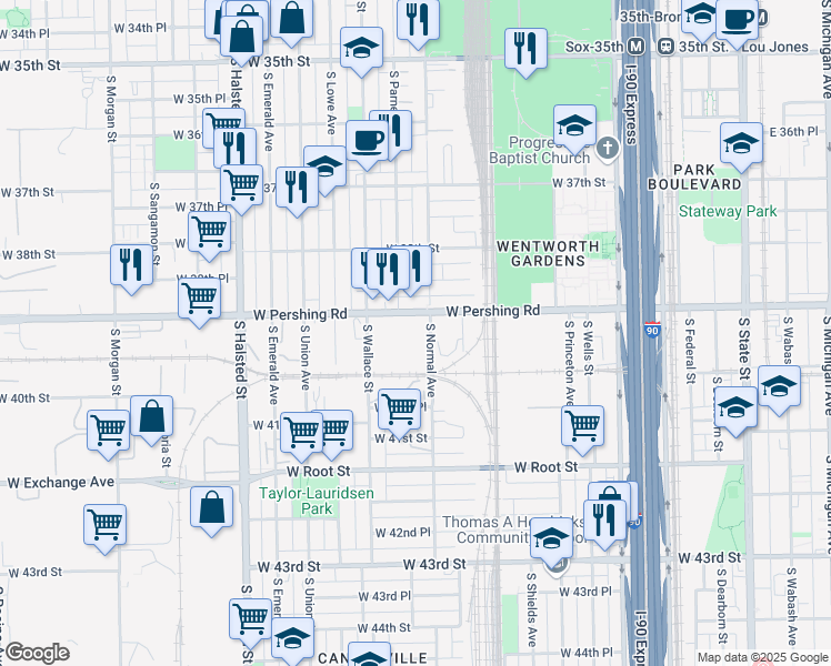 map of restaurants, bars, coffee shops, grocery stores, and more near 3940 South Normal Avenue in Chicago
