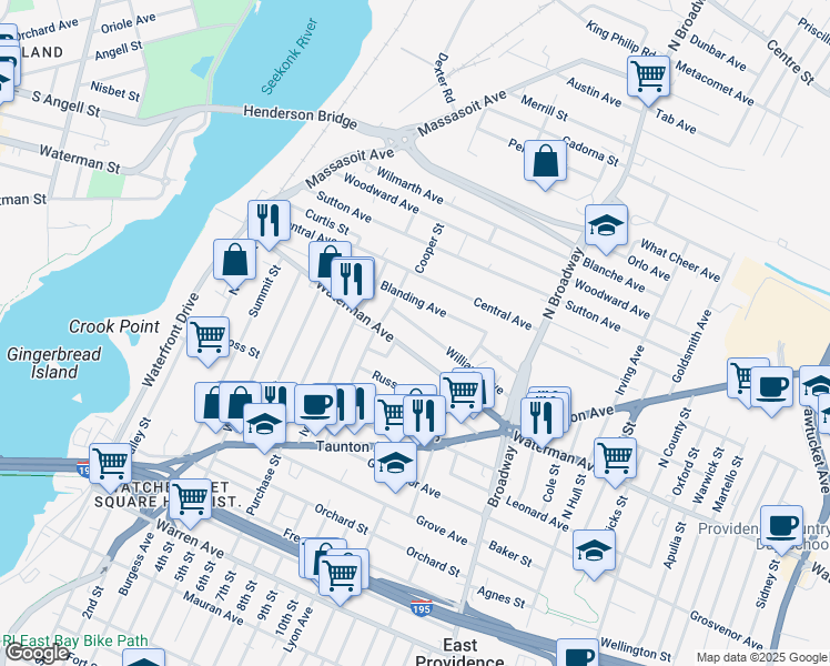 map of restaurants, bars, coffee shops, grocery stores, and more near 35 Williams Avenue in East Providence
