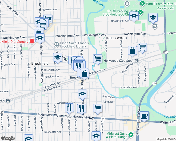 map of restaurants, bars, coffee shops, grocery stores, and more near 3742 Forest Avenue in Brookfield