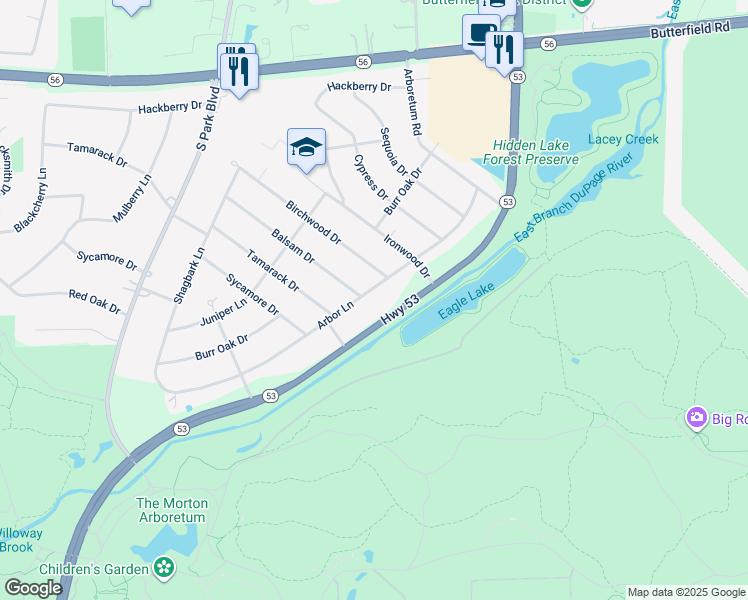 map of restaurants, bars, coffee shops, grocery stores, and more near 22W307 Arbor Lane in Westmont