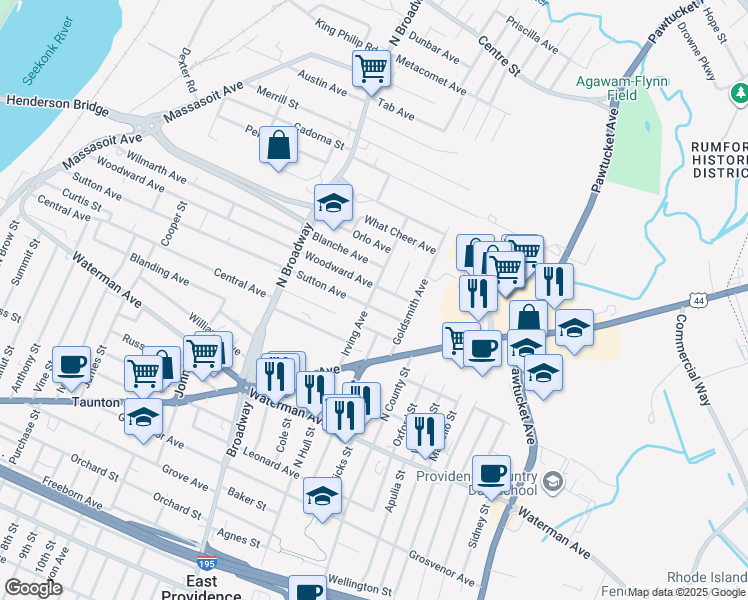map of restaurants, bars, coffee shops, grocery stores, and more near 75 Irving Avenue in East Providence