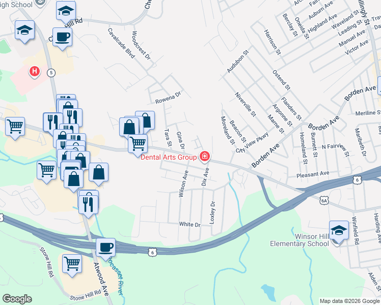map of restaurants, bars, coffee shops, grocery stores, and more near 1149 Hartford Avenue in Johnston