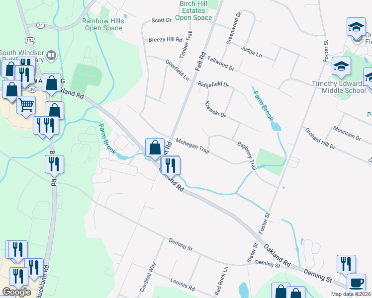 map of restaurants, bars, coffee shops, grocery stores, and more near 20 Mohegan Trail in South Windsor