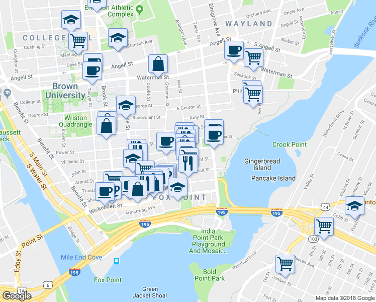 map of restaurants, bars, coffee shops, grocery stores, and more near 308 Williams Street in Providence