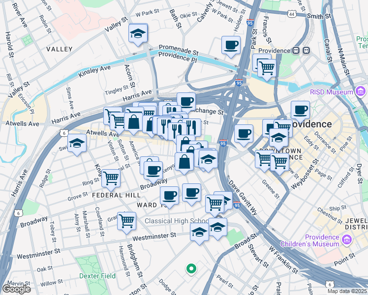 map of restaurants, bars, coffee shops, grocery stores, and more near 145 Dean Street in Providence