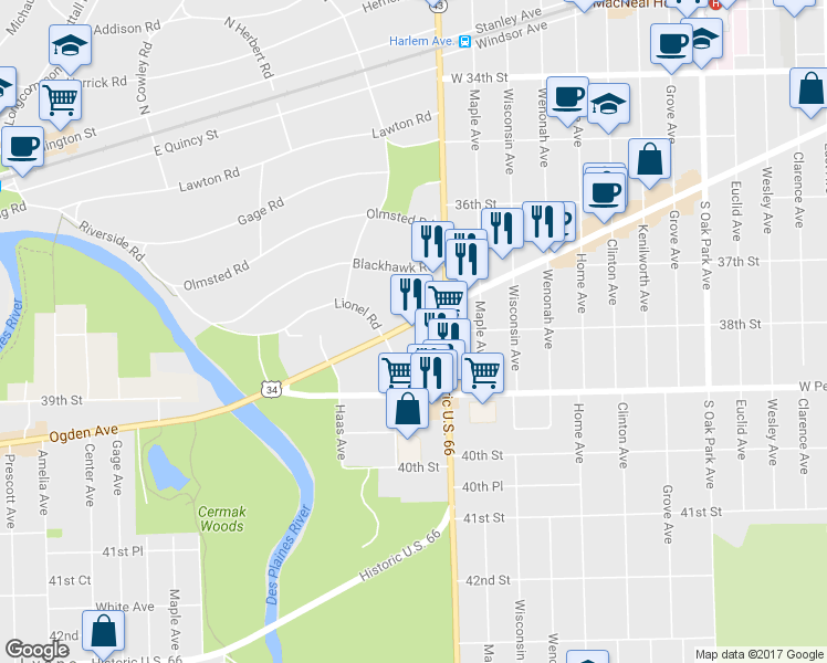 map of restaurants, bars, coffee shops, grocery stores, and more near 7221 Ogden Avenue in Lyons