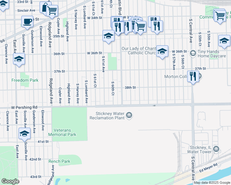 map of restaurants, bars, coffee shops, grocery stores, and more near 3809 South 60th Court in Cicero