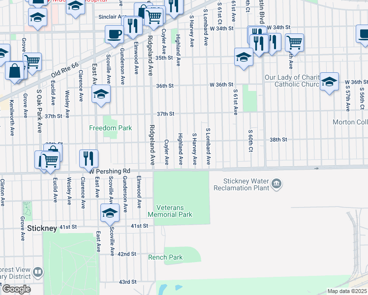 map of restaurants, bars, coffee shops, grocery stores, and more near 3809 Highland Avenue in Berwyn