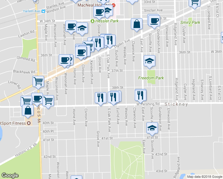 map of restaurants, bars, coffee shops, grocery stores, and more near 3803 Oak Park Avenue in Berwyn