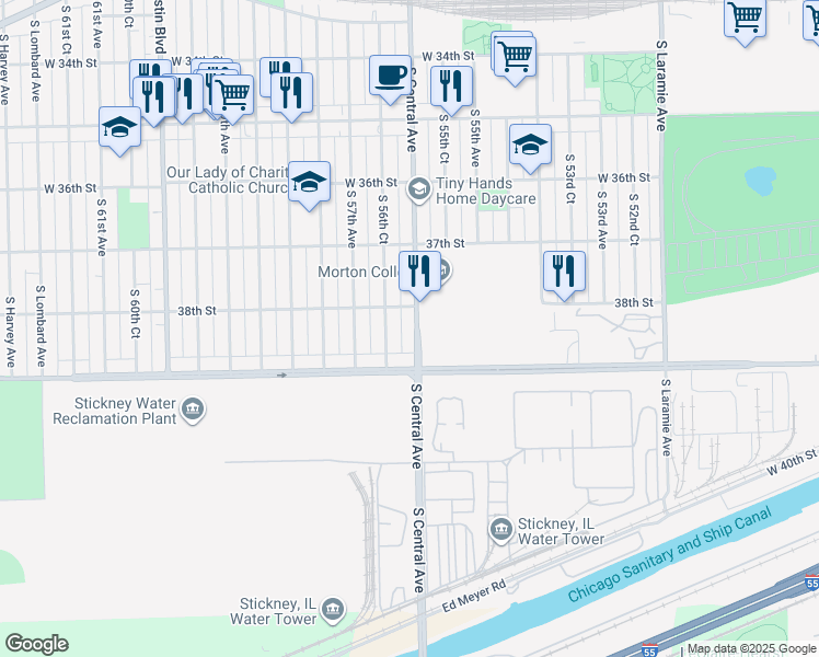 map of restaurants, bars, coffee shops, grocery stores, and more near 3814 South Central Avenue in Cicero