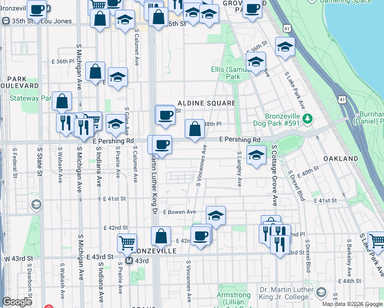 map of restaurants, bars, coffee shops, grocery stores, and more near 512 East Oakwood Boulevard in Chicago