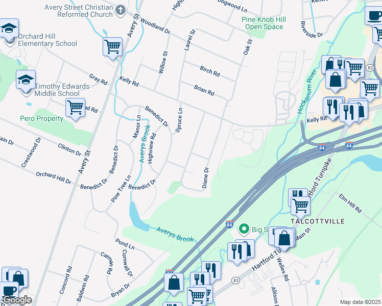 map of restaurants, bars, coffee shops, grocery stores, and more near 87 Diane Drive in South Windsor
