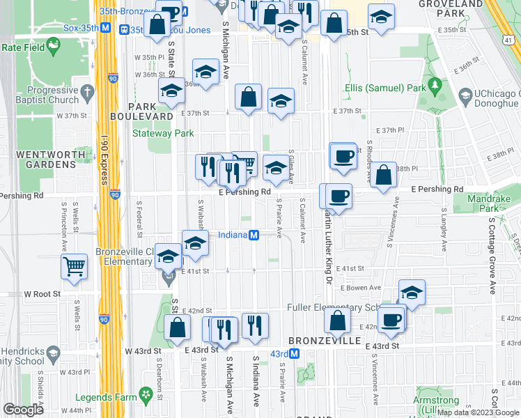 map of restaurants, bars, coffee shops, grocery stores, and more near 3917 South Indiana Avenue in Chicago