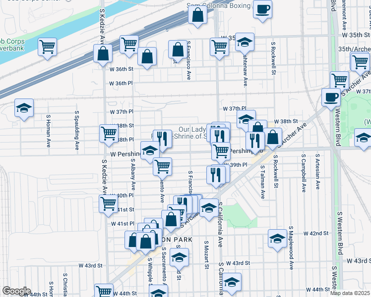 map of restaurants, bars, coffee shops, grocery stores, and more near 2908 W Pershing Rd in Chicago