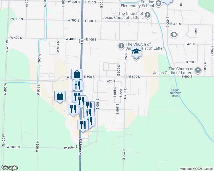 map of restaurants, bars, coffee shops, grocery stores, and more near 145 East 650 South in Smithfield