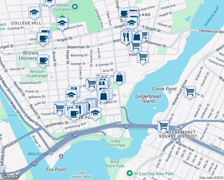map of restaurants, bars, coffee shops, grocery stores, and more near 347 Williams Street in Providence