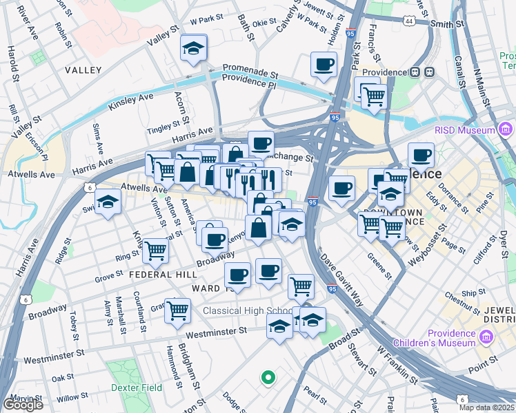 map of restaurants, bars, coffee shops, grocery stores, and more near in Providence