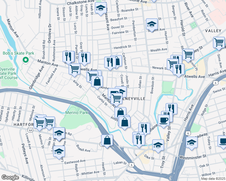 map of restaurants, bars, coffee shops, grocery stores, and more near 244 Amherst Street in Providence