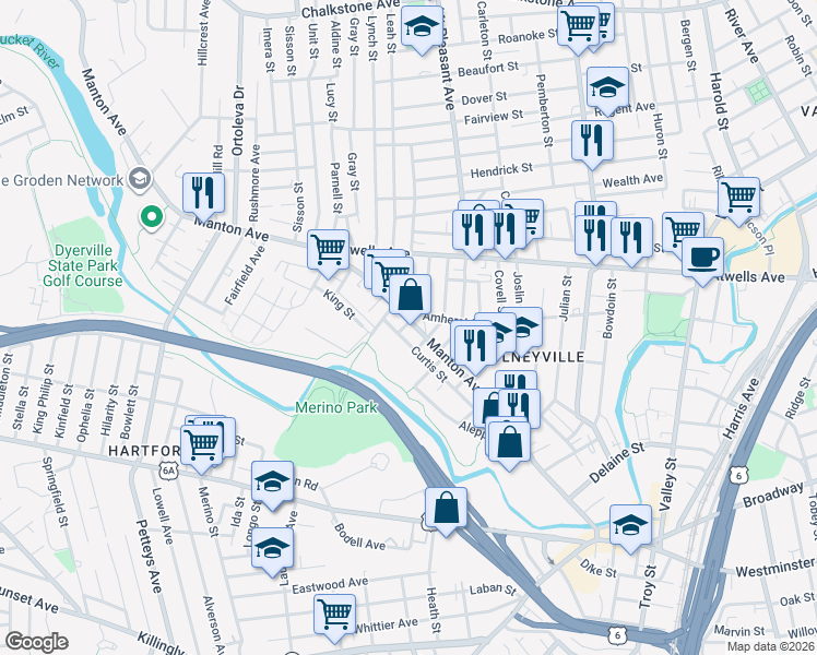 map of restaurants, bars, coffee shops, grocery stores, and more near 332 Manton Avenue in Providence