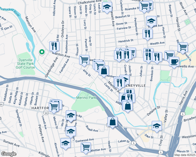 map of restaurants, bars, coffee shops, grocery stores, and more near 9 King Street in Providence