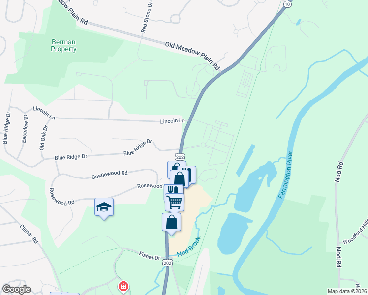map of restaurants, bars, coffee shops, grocery stores, and more near 16 Blue Ridge Drive in Simsbury